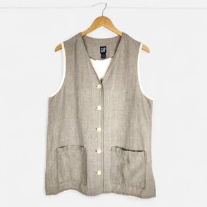GAP Beige Linen Vest Button Up Pockets Cream Cotton Back Size M